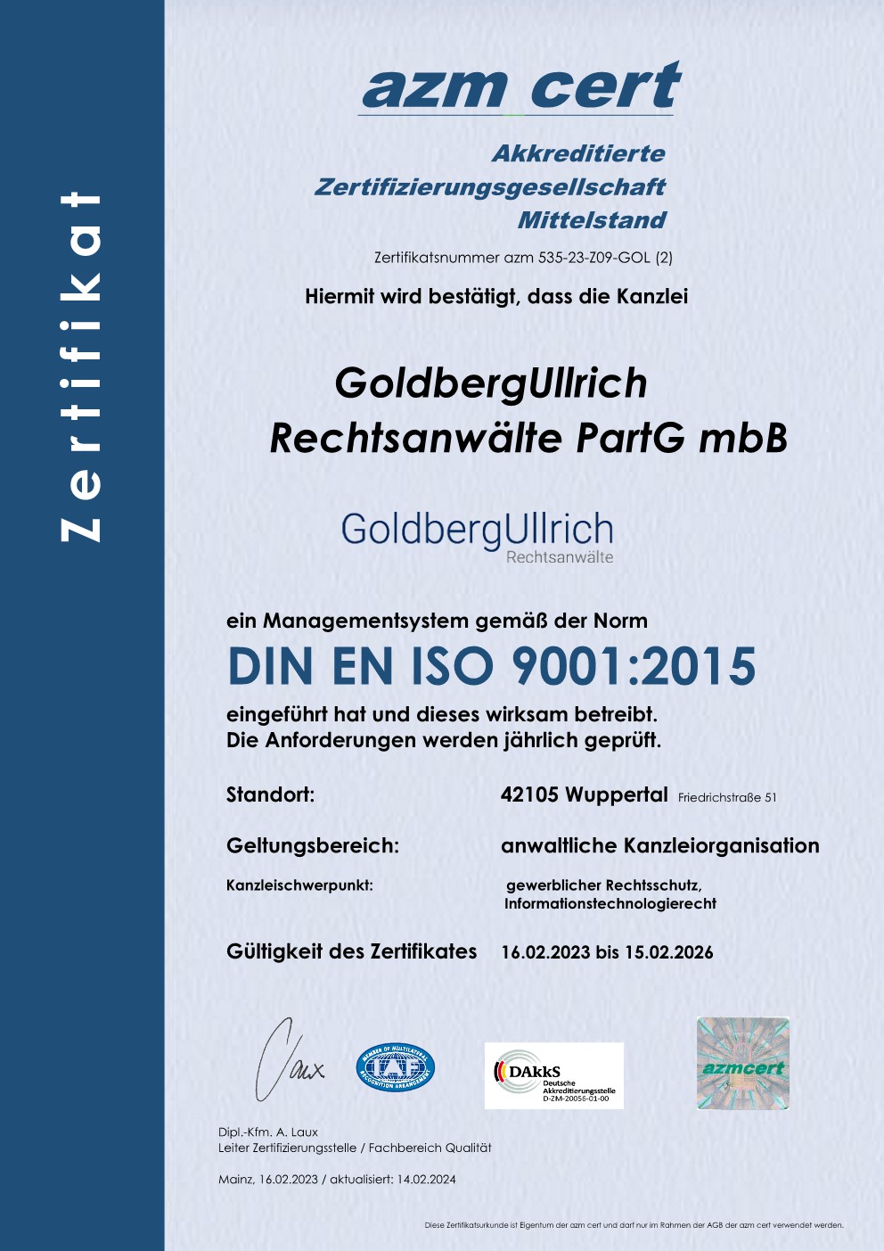 Zertifikat GoldbergUllrich Rechtsanwälte
